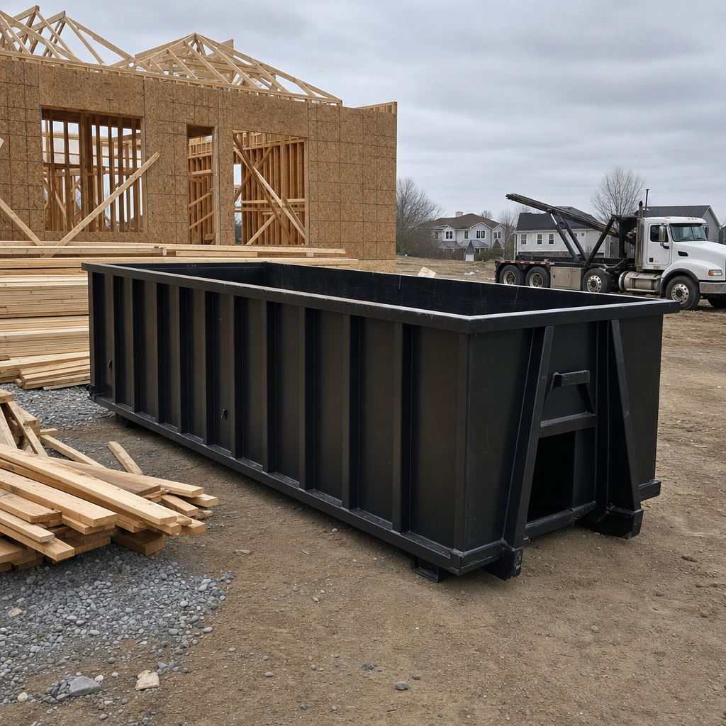 Matte-black 40-yard roll-off dumpster staged on a framed-out residential construction site in Longview, framing lumber stacked nearby, hooklift delivery truck visible in the background under bright Colorado daylight
