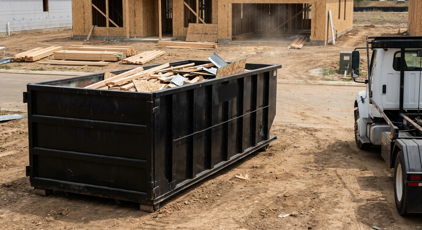Matte-black 20-yard roll-off construction dumpster with heavy ribbed steel sidewalls and swing rear doors at a working jobsite in Longview, sitting directly on compacted dirt with an unmarked white hauler partially visible at the far edge of the frame.