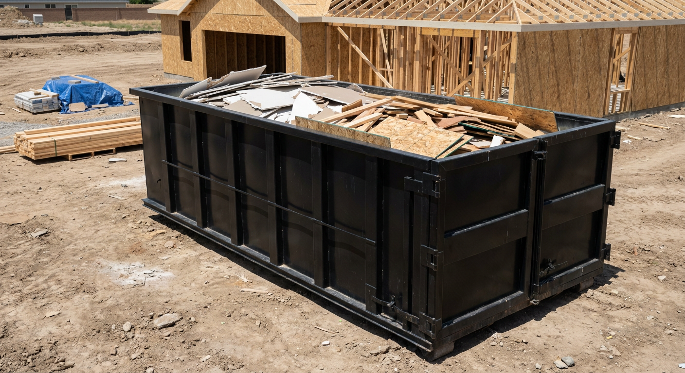 Matte-black 30-yard roll-off construction dumpster sitting directly on the compacted-dirt site of a framed single-family home build in Longview, drywall and lumber scrap loaded inside.