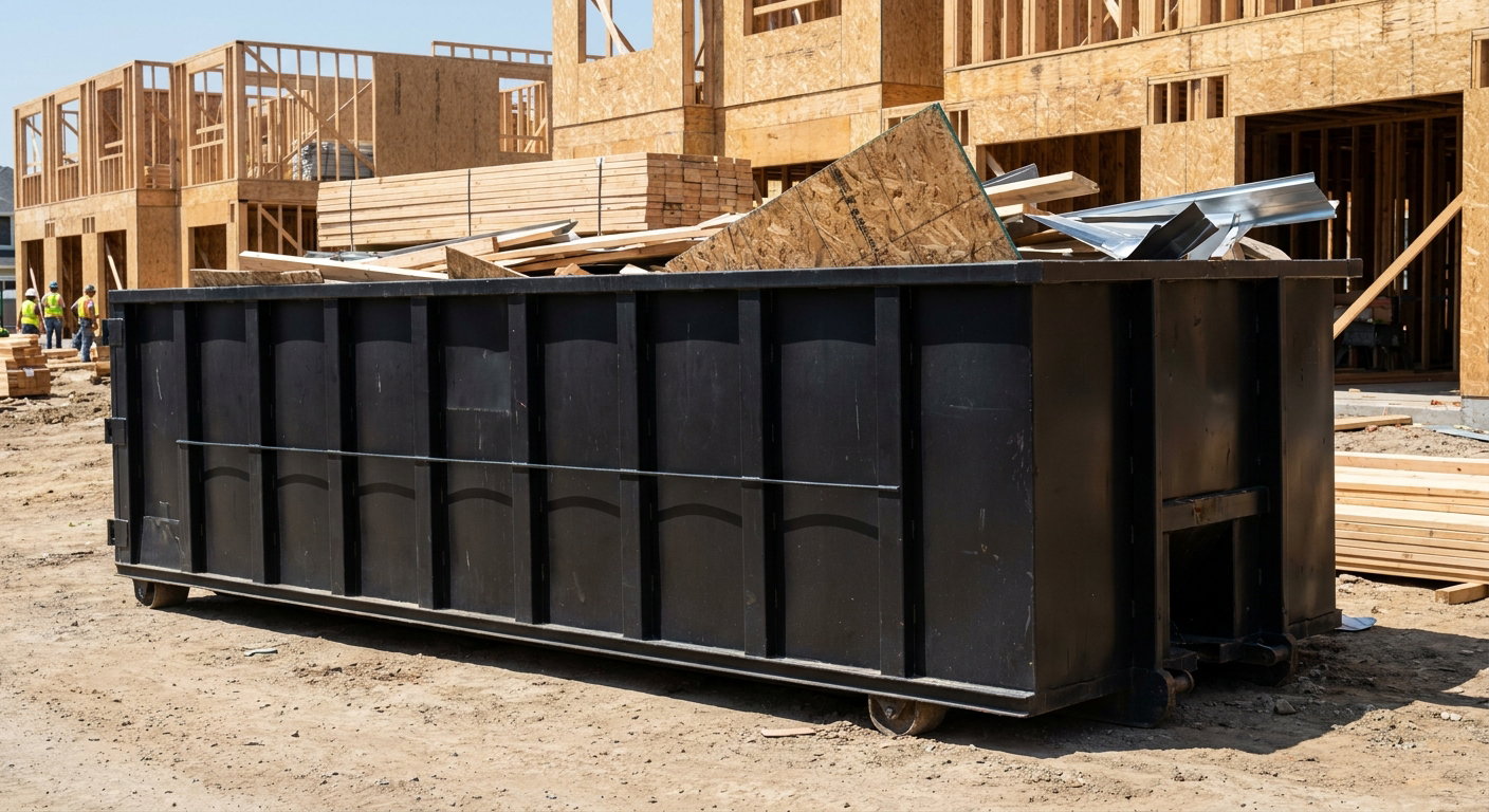 Matte-black 40-yard roll-off construction dumpster being lowered from a white-cab hooklift delivery truck onto the compacted-dirt jobsite at a commercial build site in Longview