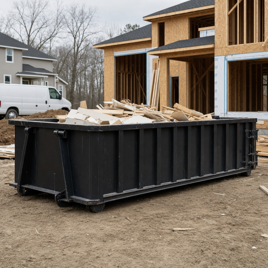 Worker in a yellow high-visibility vest tossing framing lumber and broken drywall into a matte-black 30-yard construction roll-off dumpster on an active build site in Longview, bright daylight