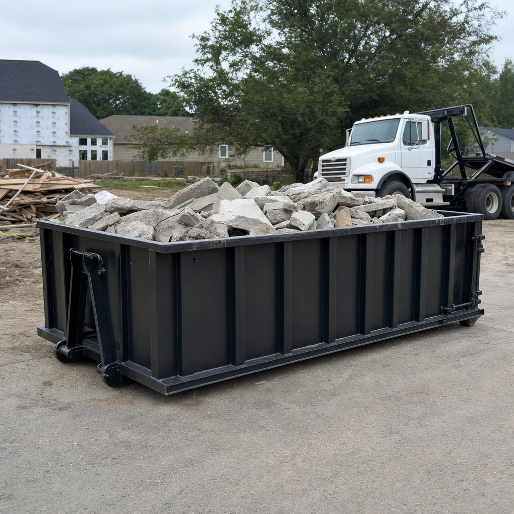 Low-profile matte-black lowboy roll-off dumpster loaded with broken concrete slab and rebar at a foundation tear-out in Longview, skid steer parked beside it, sunny Colorado morning