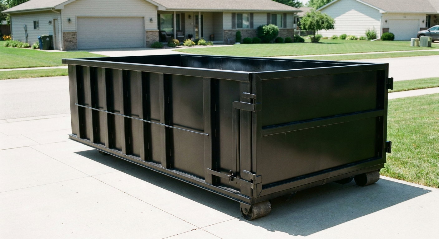 Matte-black 10-yard roll-off dumpster on a residential concrete driveway in Longview, uniformly painted matte black across every panel and rail, ribbed steel sidewalls and rear swing door visible, mid-day daylight.