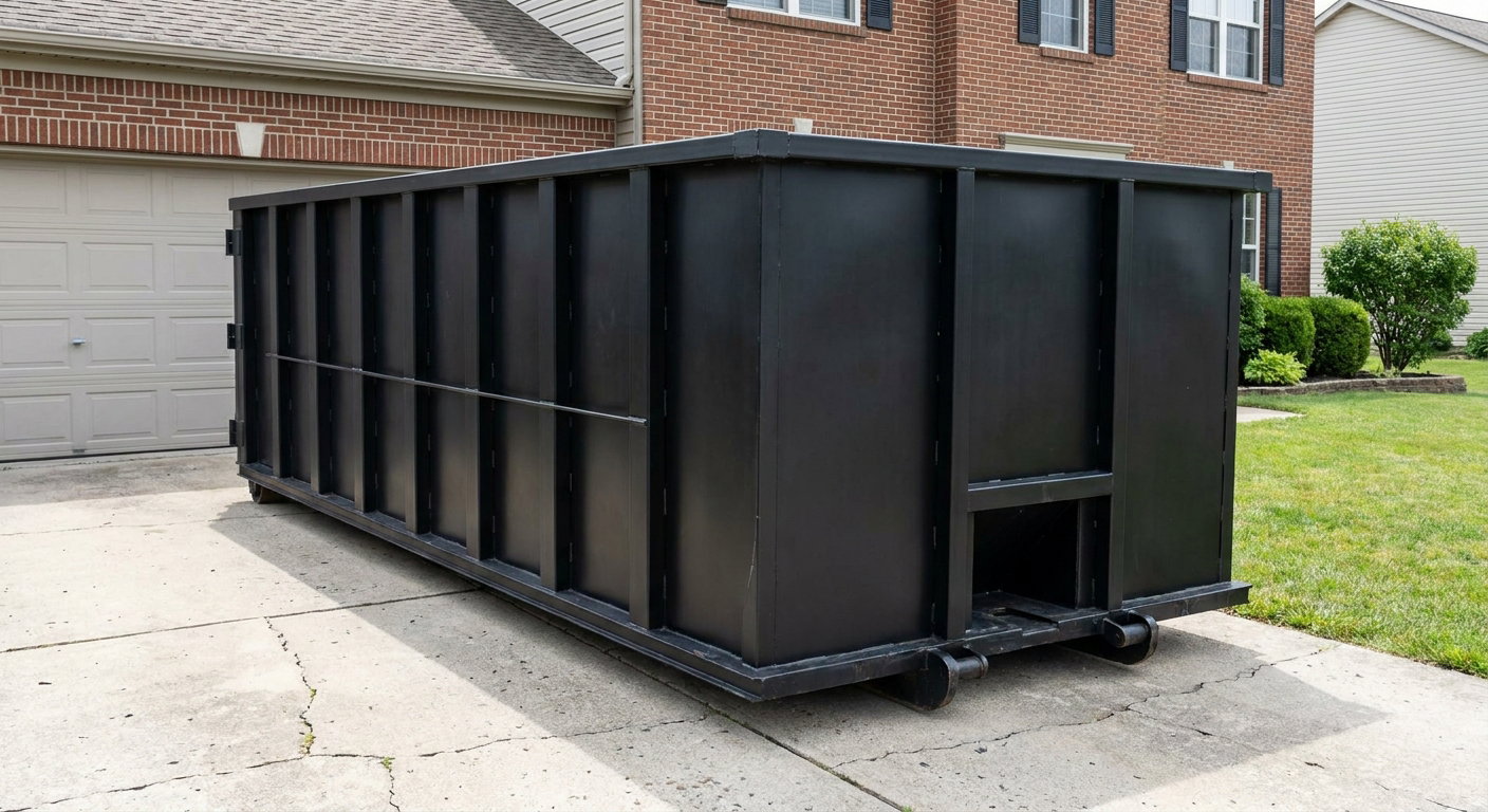 Matte-black 20-yard roll-off container on a Longview residential concrete driveway with reinforced ribbed steel sidewalls and a hinged rear walk-in door, clean bright daylight.