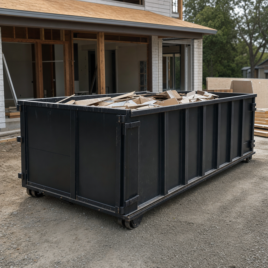 Large matte-black 30-yard construction roll-off dumpster at an active Longview jobsite, steel-gray top rails and bottom rollers visible, loaded with construction debris.