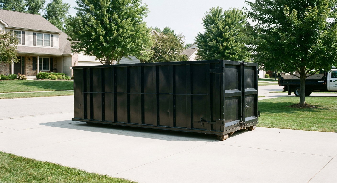 Matte-black 20-yard roll-off dumpster sitting level on a clean Longview residential concrete driveway under bright daylight, demonstrating clean placement directly on the concrete.