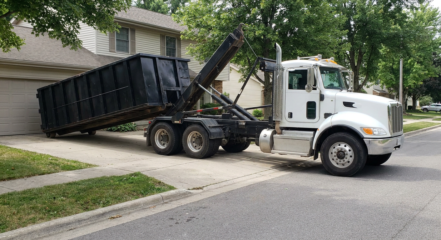 White-cab hooklift roll-off truck actively lowering a matte-black dumpster onto a Longview residential concrete driveway, the dumpster's rear wheels touching the driveway as the hoist arm tilts the bed forward, mid-morning daylight.