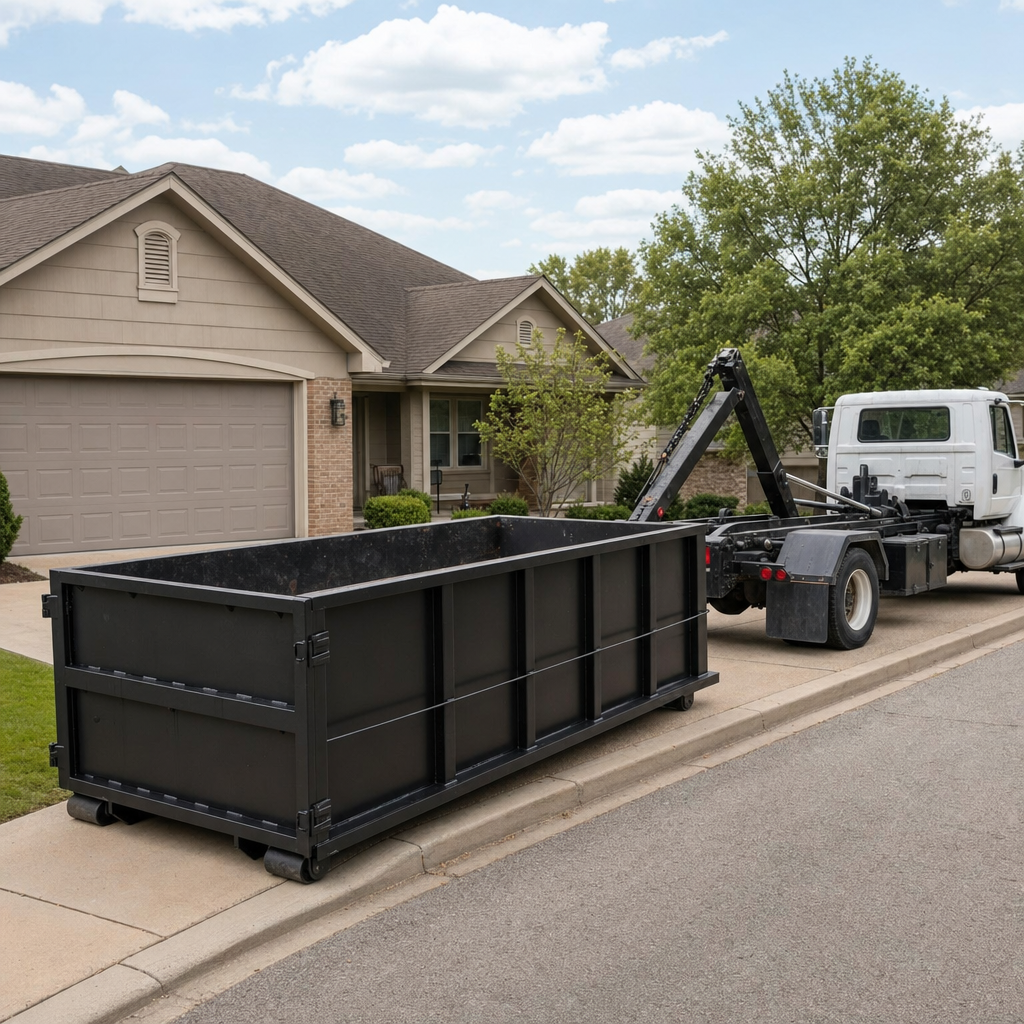 Wide documentary shot of a matte-black roll-off dumpster on a Longview residential driveway in the foreground and a contractor jobsite container in the soft-focus background, bright daylight, calm and orderly composition.