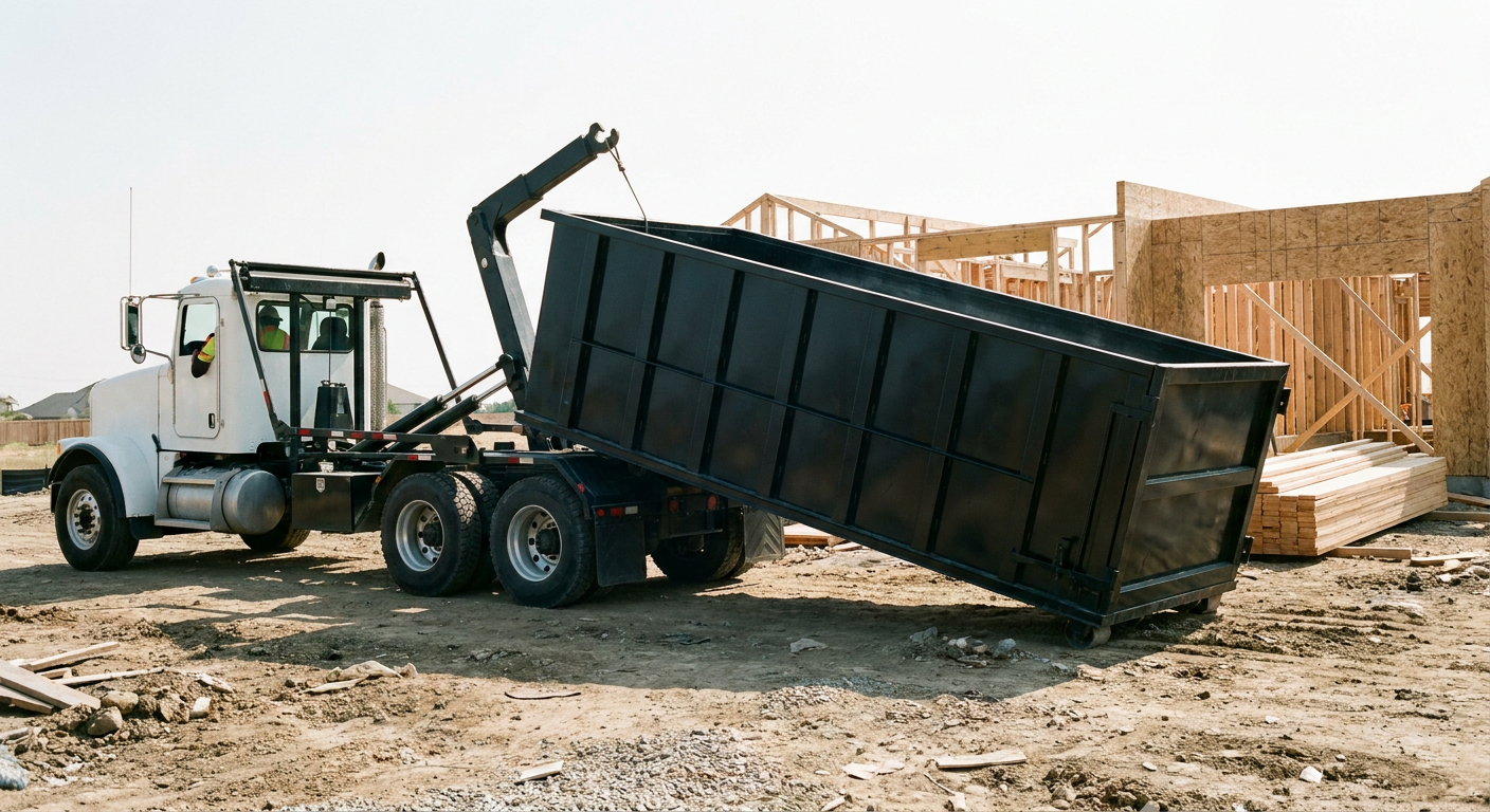 Matte-black roll-off dumpster being delivered onto a clean residential concrete driveway in Longview by an unmarked white hooklift hauler truck, bright morning daylight, documentary 35mm perspective.