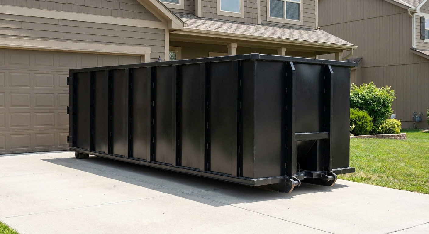 Matte-black residential roll-off dumpster sitting directly on a suburban Longview concrete driveway, garage door closed, single-family home in background, bright morning daylight.