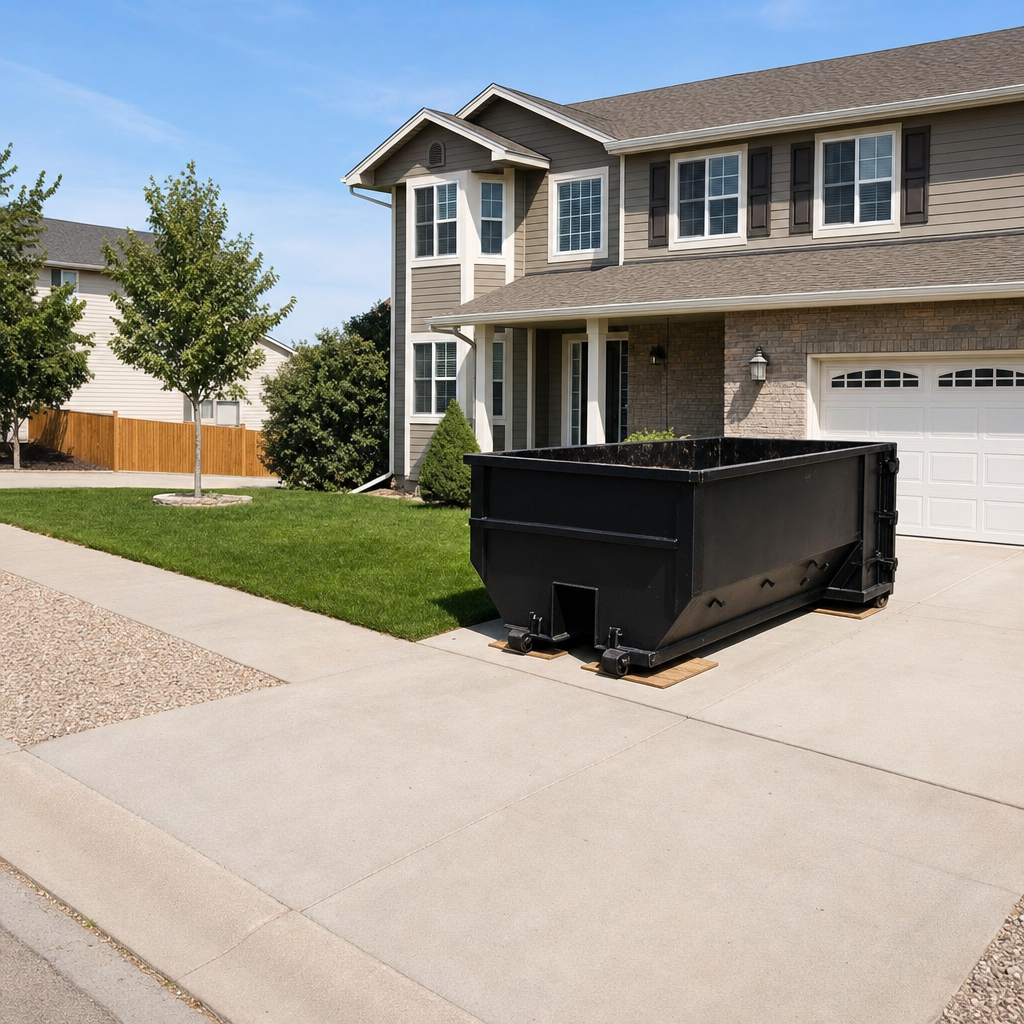 10-yard matte-black residential dumpster placed directly on a narrow Longview concrete driveway, room remains for a parked sedan beside it, mid-morning natural light