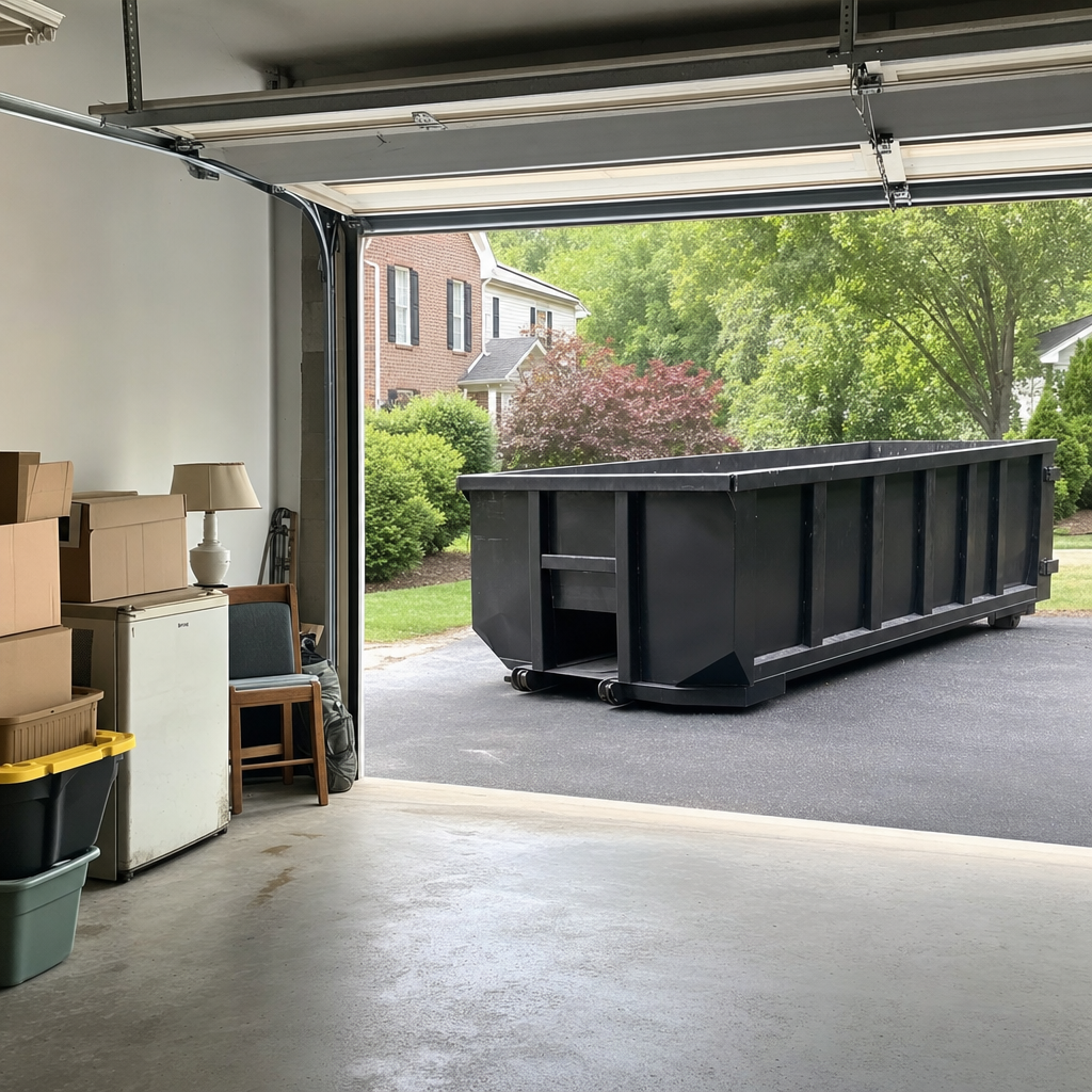 Open garage interior in a Longview home mid-cleanout — boxed items, an old appliance, and stacked yard tools queued near the driveway for a matte-black roll-off dumpster, organized and calm