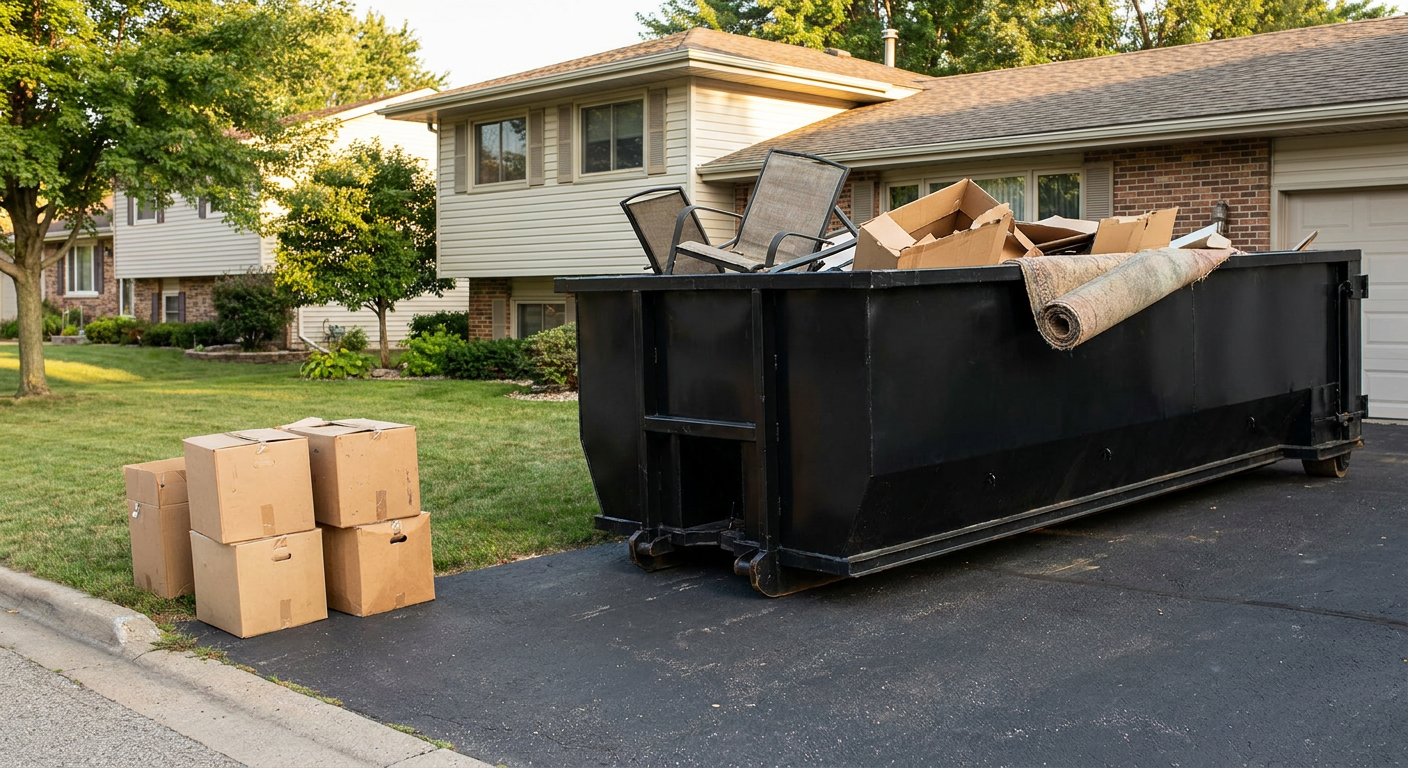 Front-yard view of a Longview split-level home with a 20-yard matte-black roll-off dumpster sitting directly on the asphalt driveway, a few clearly labeled donation boxes staged at the curb, calm sunny afternoon.