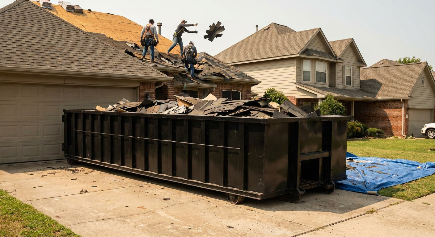 Matte-black roofing roll-off dumpster placed directly on a Longview residential concrete driveway, a tear-off crew on a two-story asphalt-shingle roof tossing shingle bundles into the low-walled container, bright daylight, documentary 35mm perspective.