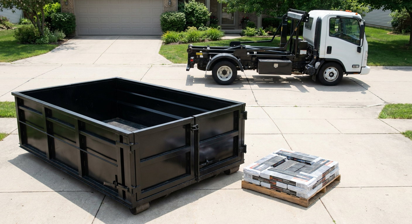 Matte-black 15-yard roofing roll-off dumpster with reinforced low side walls sitting directly on a Longview residential concrete driveway, three-tab asphalt shingle bundles stacked nearby, an unmarked white hauler truck partially visible at the edge of the frame.