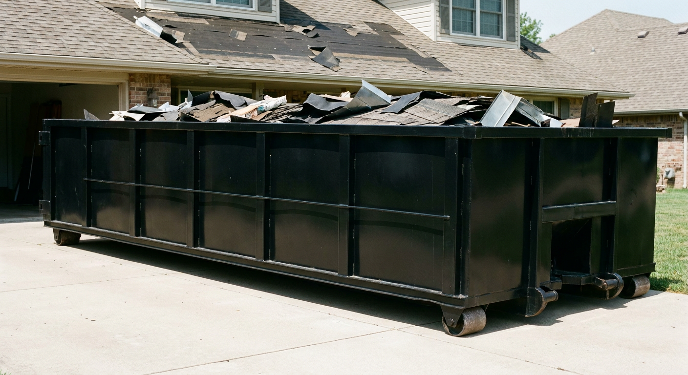 Matte-black 20-yard roofing roll-off dumpster with steel ribbed sides and swinging rear door, sitting directly on the concrete driveway of a two-story Longview home, asphalt shingle debris being loaded over the low wall, clean documentary lighting.