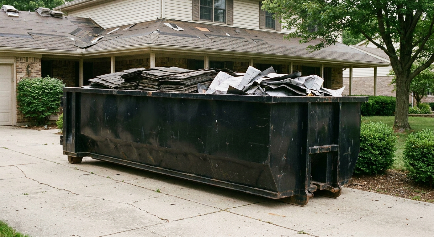 Matte-black 30-yard roofing roll-off dumpster sitting directly on a Longview concrete driveway, taller ribbed steel side panels, mixed tear-off debris of asphalt shingles and underlayment inside, professional documentary daylight.