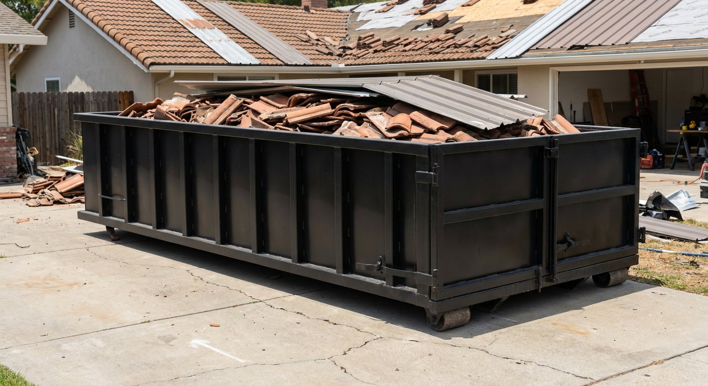 Matte-black low-wall heavy-debris roofing roll-off dumpster sitting directly on a Longview concrete driveway, broken concrete clay roof tiles and metal panel sections loaded inside, reinforced ribbed steel side walls visible, bright outdoor daylight.