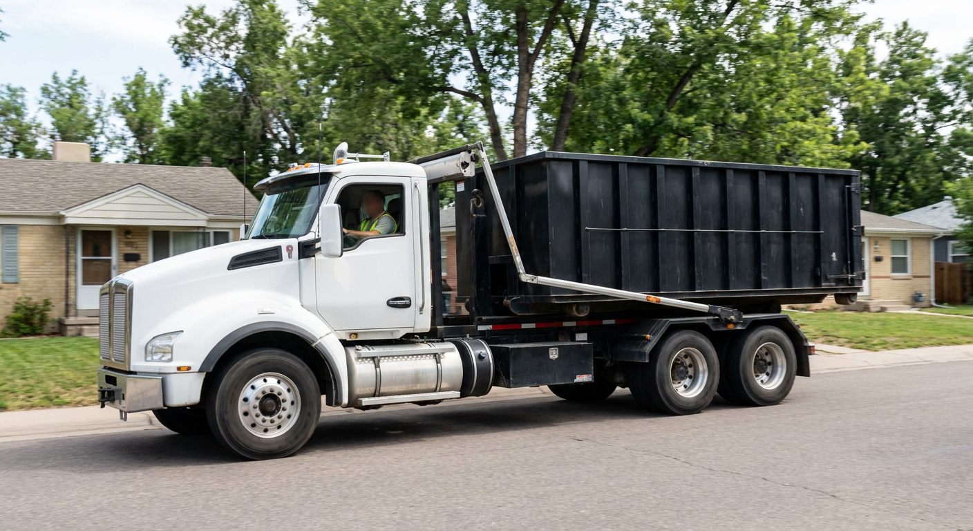 A wide documentary shot of a matte-black roll-off delivery truck pulling onto a quiet Longview residential street at mid-morning, with neighborhood rooftops and tree-lined blocks visible behind, showing the metro coverage footprint.