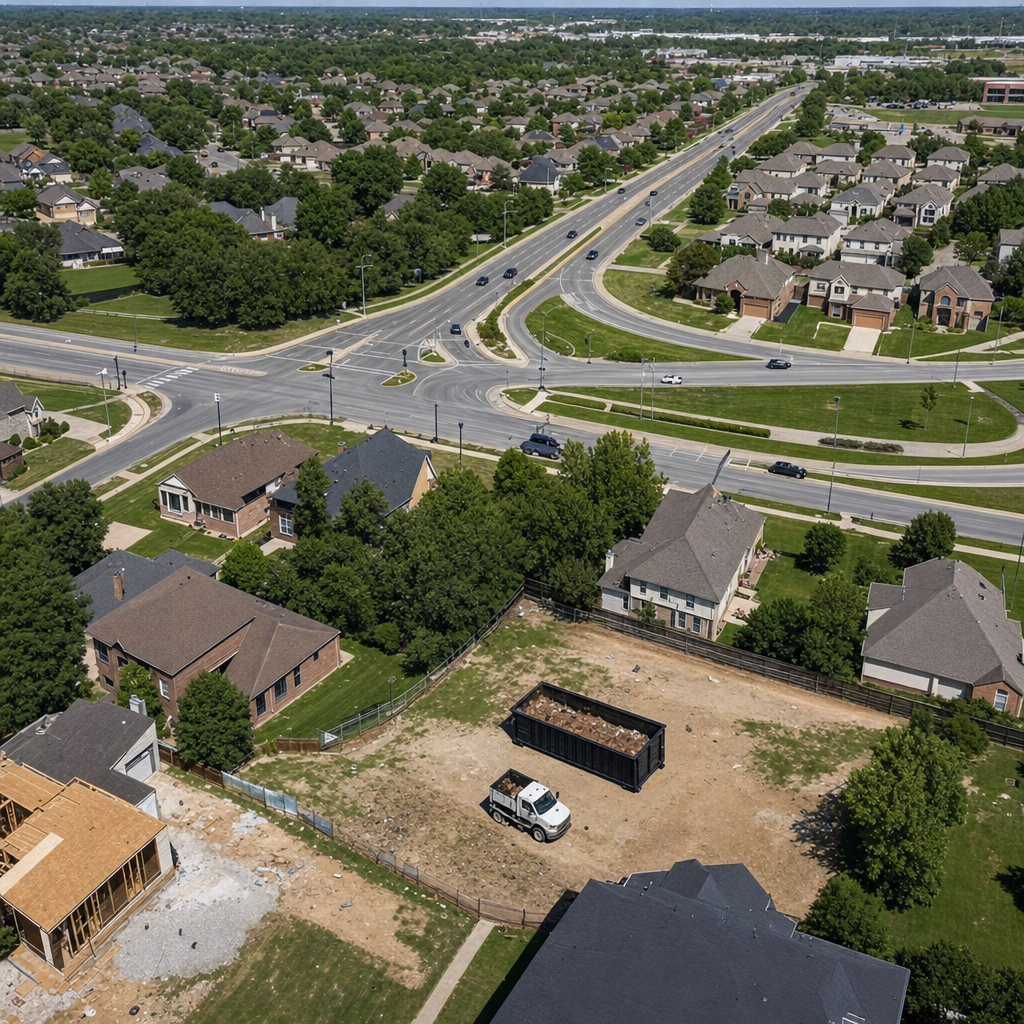 An overhead documentary view of the Longview metro area at midday, showing the spread of neighborhoods, arterial roads, and the dispatch radius from a central yard — clean daylight, organized geographic layout.