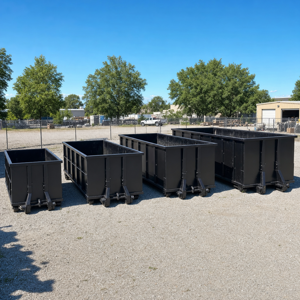 A clean lineup of matte-black roll-off dumpsters in 10, 20, 30, and 40-yard sizes staged on a sunlit gravel yard in Longview, showing the size progression from compact to commercial-scale containers.