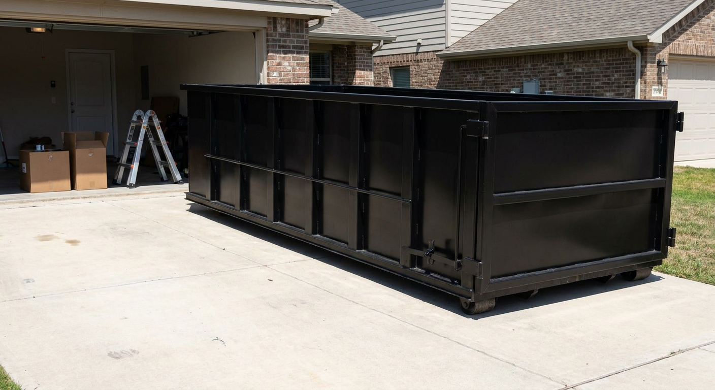 A matte-black 10-yard roll-off dumpster sitting directly on a residential Longview concrete driveway, mid-day sunlight, clean and ready for a garage cleanout.