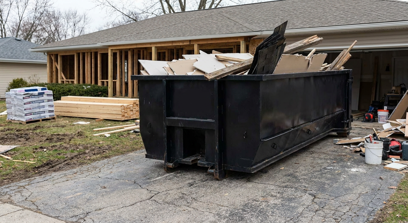 A matte-black 20-yard roll-off dumpster placed alongside a mid-renovation Longview home directly on the asphalt driveway, with framing materials and torn-off shingles staged neatly nearby.