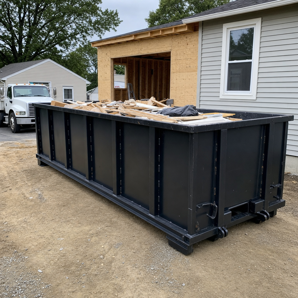 A matte-black 30-yard roll-off dumpster positioned at a Longview residential addition jobsite, with framing lumber and drywall scraps loaded through the open swinging rear doors.
