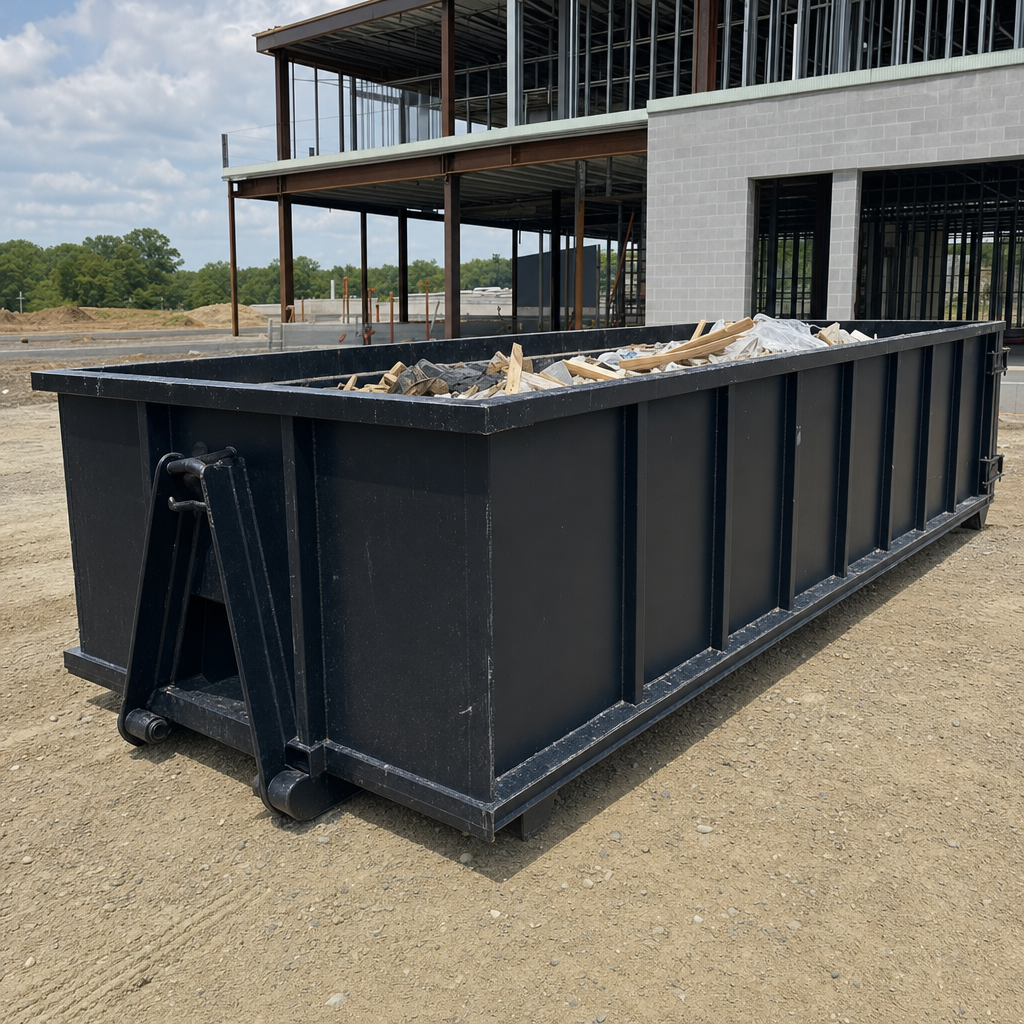 A matte-black 40-yard roll-off dumpster staged on a large Longview commercial construction lot, with a hooklift delivery truck parked alongside under bright midday sky.