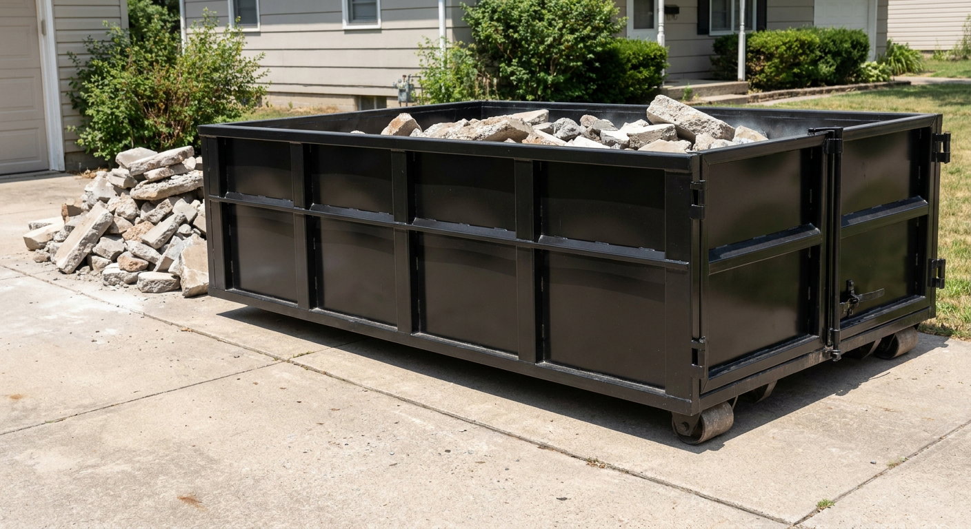 A matte-black low-side heavy-debris roll-off dumpster placed directly on a Longview concrete driveway, with broken concrete chunks neatly stacked beside it under clean daylight.