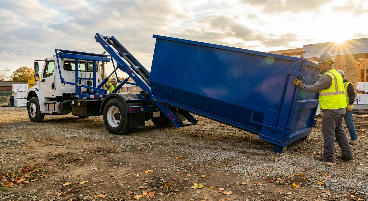 Construction dumpster delivery truck at job site in Longview, TX