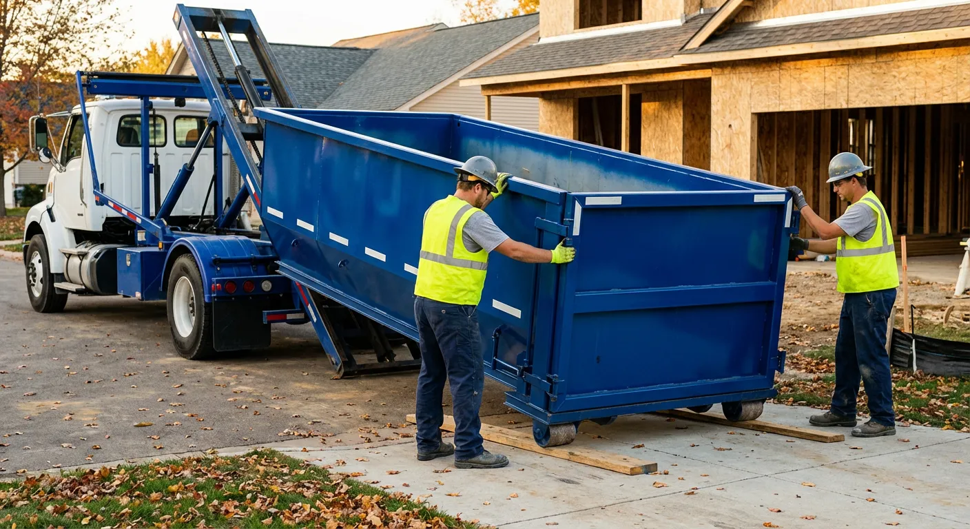 Roll-off dumpster delivery truck in residential area in Longview, TX